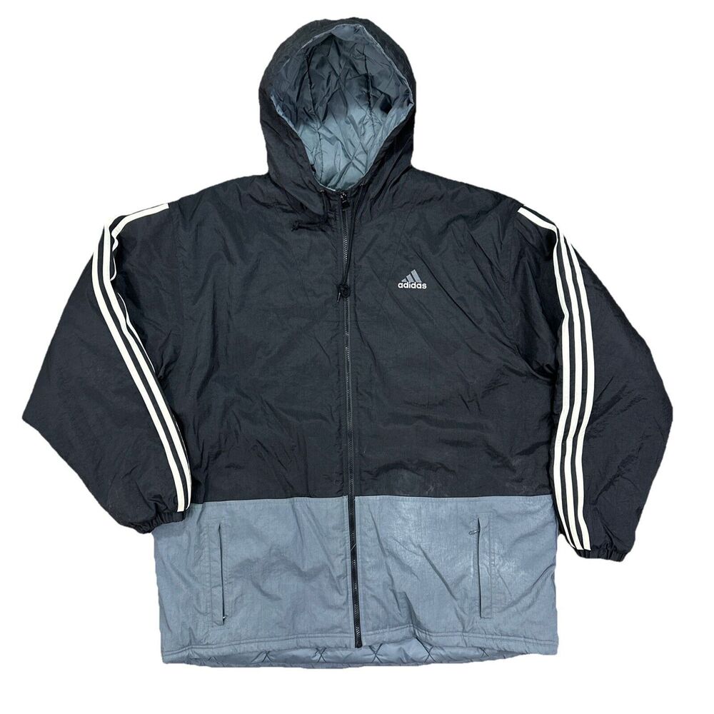 Vintage Adidas Black Gray Winter Hooded Oversized Quilted Jacket Mens Size XL